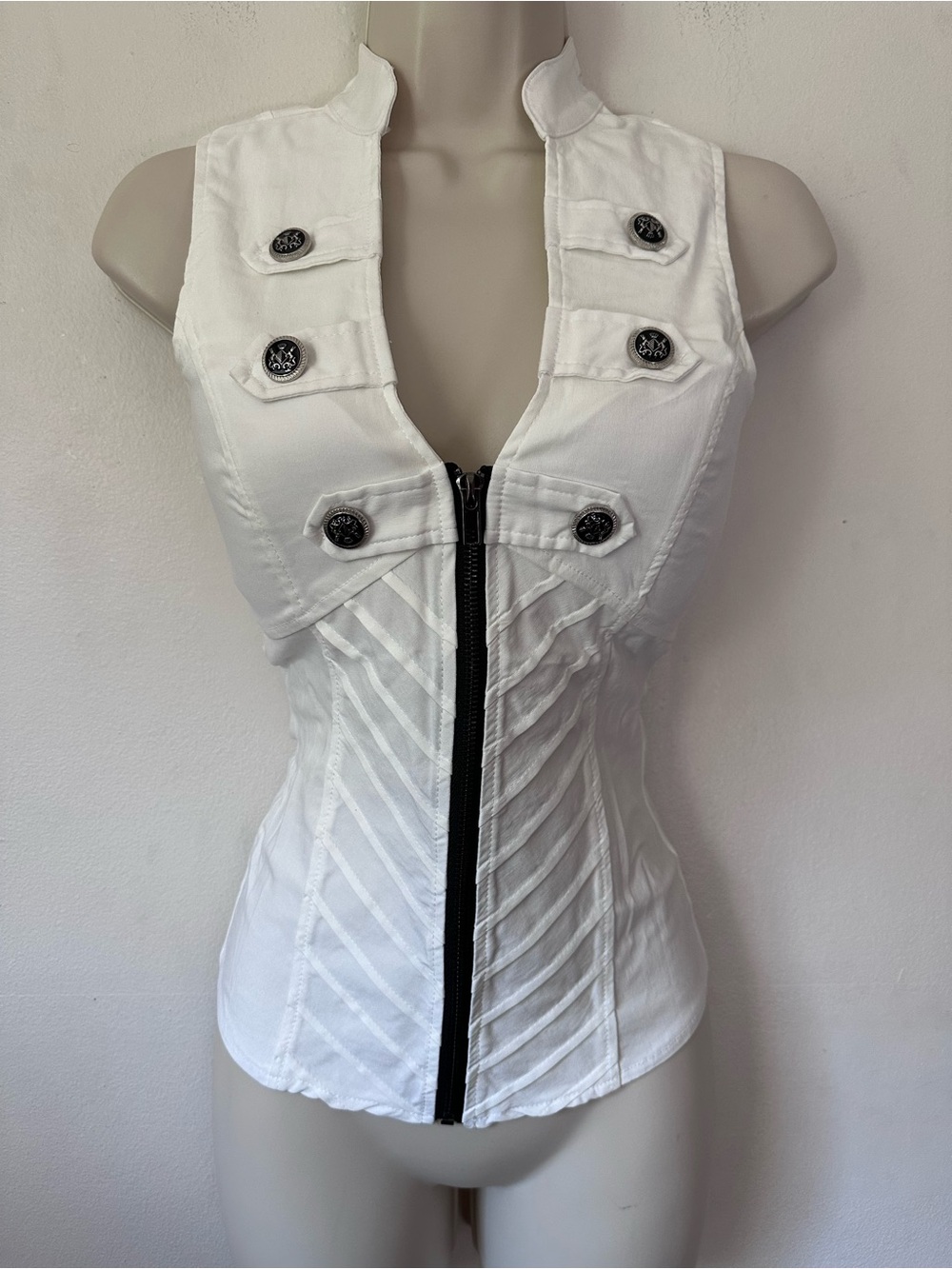 White Sleeveless Zip-Front Military Button Detail Top